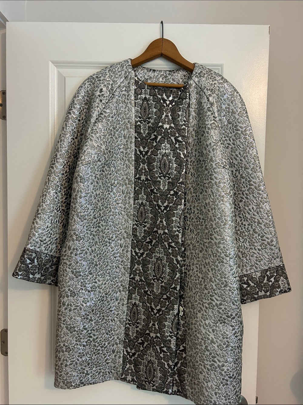 Silver Brocade Open-Front Cape Coat